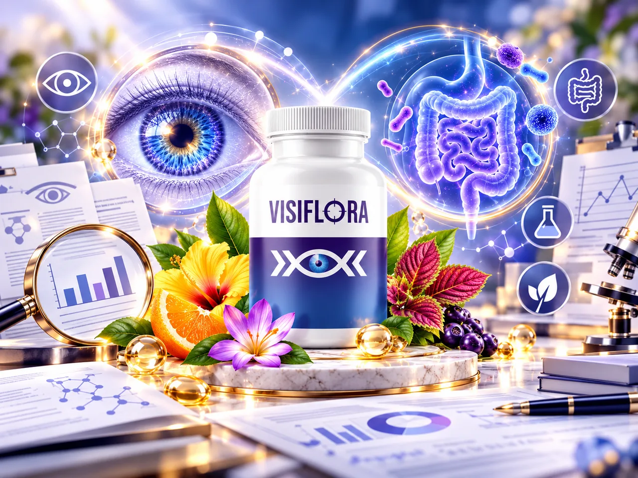 Original editorial illustration about the evidence behind VisiFlora with research, charts and eye-gut motifs
