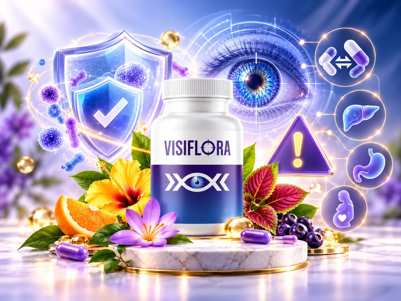 Original VisiFlora safety illustration with shield, caution motifs and medication-interaction symbols